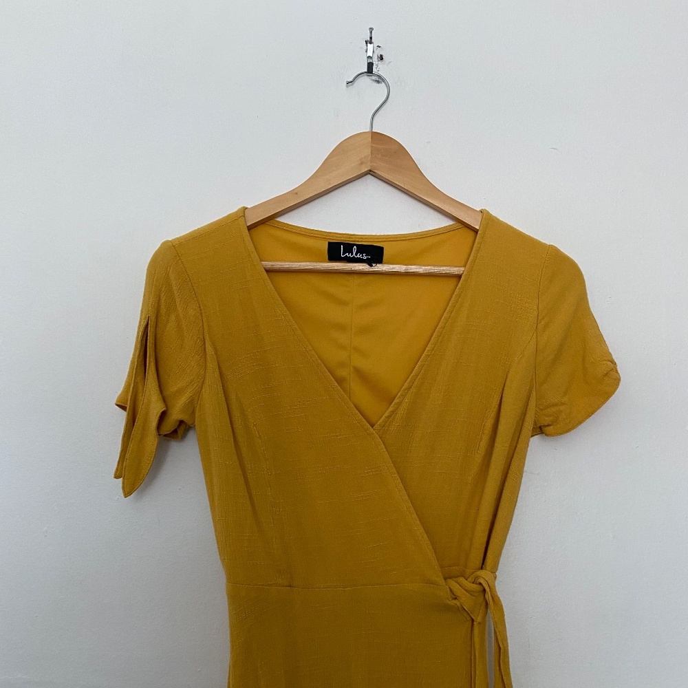 Lulus My Philosophy Golden Yellow V-Neck Wrap Mini Dress Size XS - Picture 5 of 5